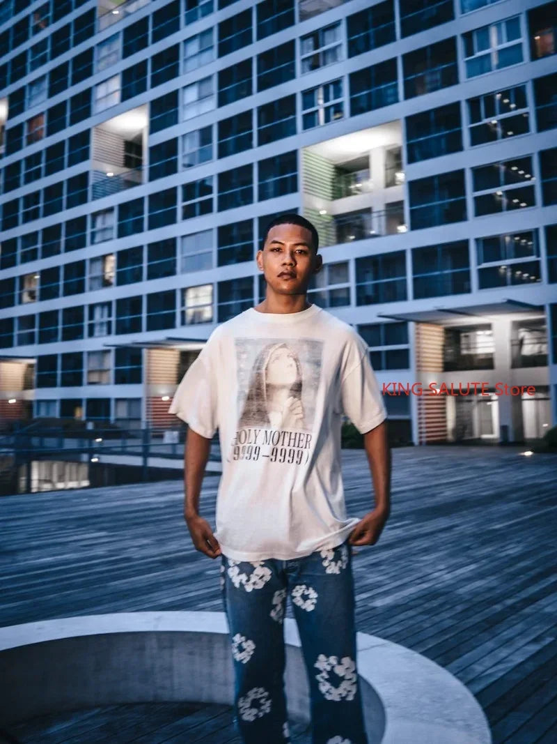 White Series Saint Portrait Letter Pattern Printed Short Sleeve American Casual Loose Men Women 1:1 Pure Cotton T-shirt