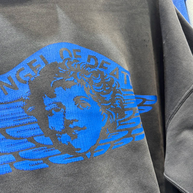 Vintage Washed SAINT Blue Angel Rebirth Hoodies Top Quality Crack Print Thick Sweatshirt Streetwear Men