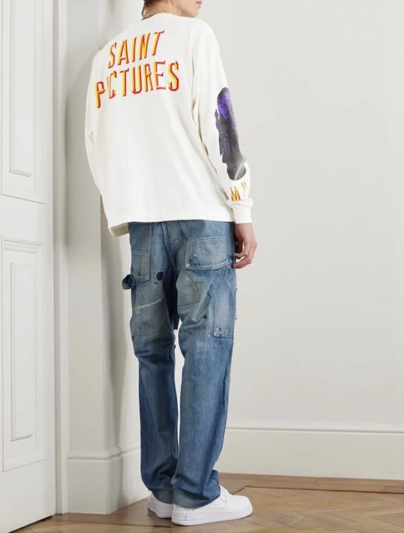 Vintage Casual SAINT Oversized T Shirt High Quality Pure Cotton Blue Sky Print Fashion Men Women Long Sleeve Tees