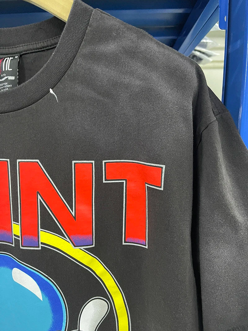 Street Fashion Casper High Quality Washed Summer Short Sleeve Saint Casual Cartoon Letter Print Men Women 1:1 Vintage T-shirt