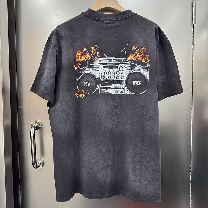 American Retro Flame Tape Graphic T Shirts Street Casual Men Trendy Summer Tops