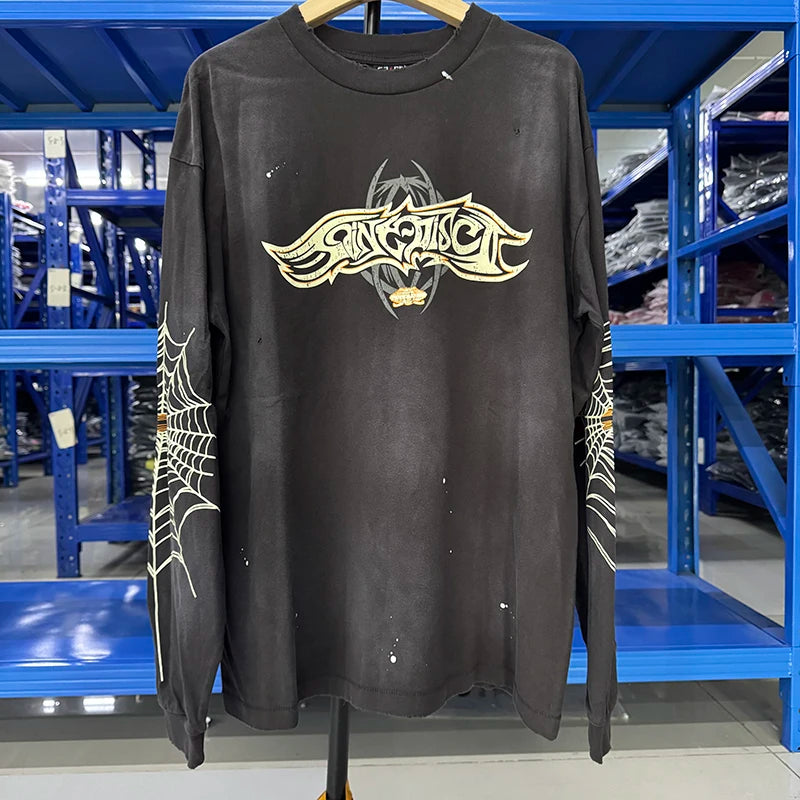 Vintage Hip Hop Street Saint High Quality Letter Print Hole Washed T Shirt Men Loose Fashion Long Sleeve DISCO