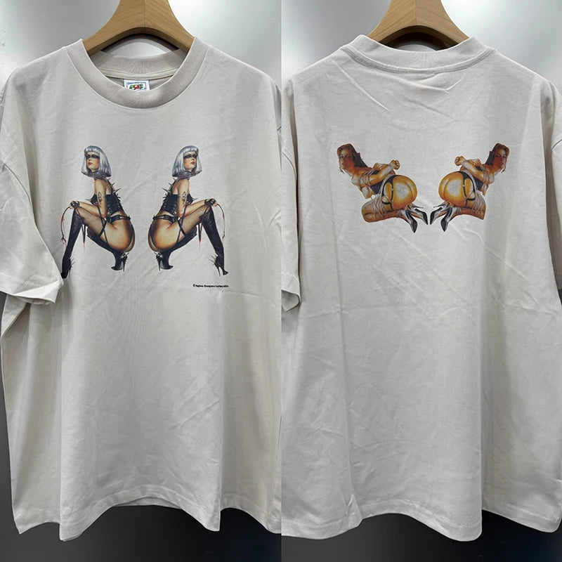 FW25 Saint Retro Round Neck Digital Print Sexy Girl Oversized T Shirt Harajuku High Quality Fashion Men Women Tops