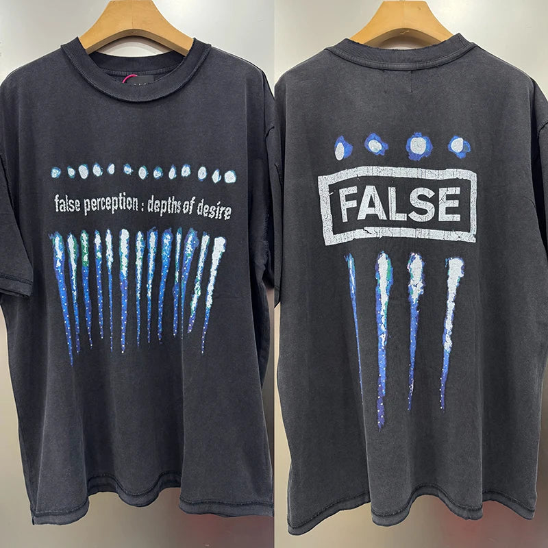 FALSE Crystal Series Vintage Blue Flame Oversized T Shirt High Quality Cotton Men Women 1:1 Fashion Short Sleeve Streetwear