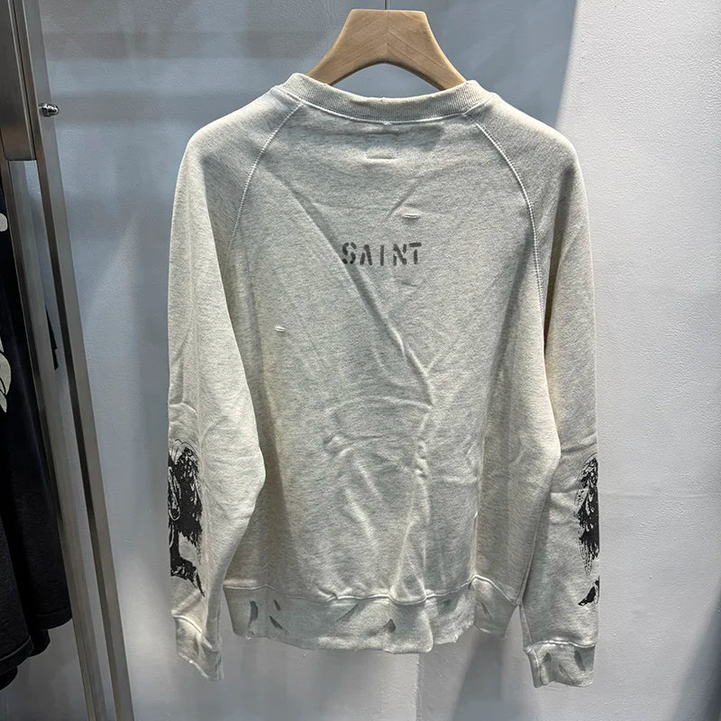 Loose Saint Hole Washed Graffiti Vintage Round Neck Sweatshirt Streetwear Men