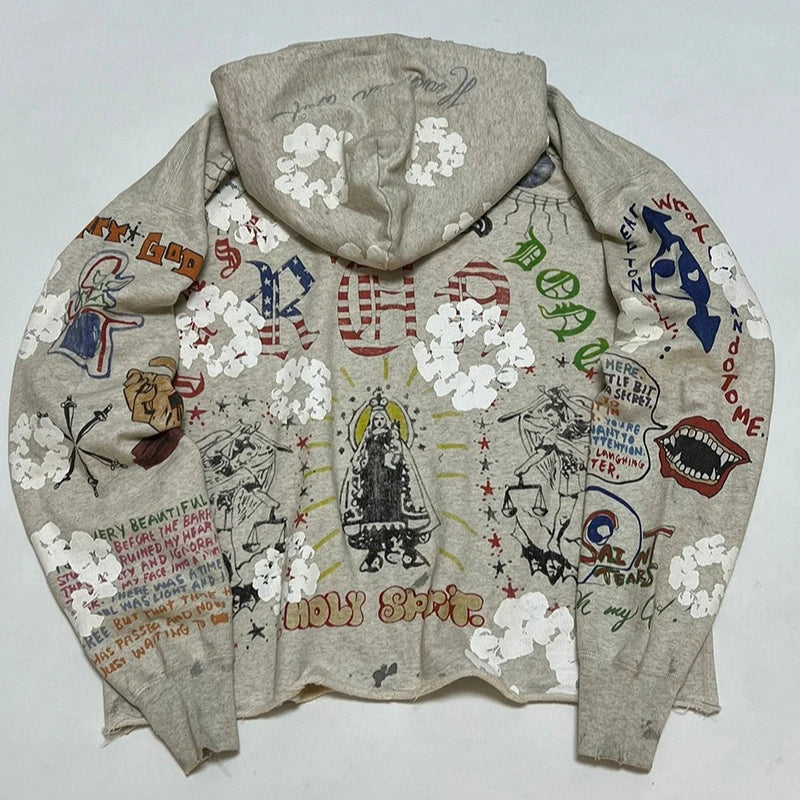 Full Print Street Fashion Saint Graffiti Style Hoodies Winter Thick Cotton Top Quality Loose Sweatshirts Men