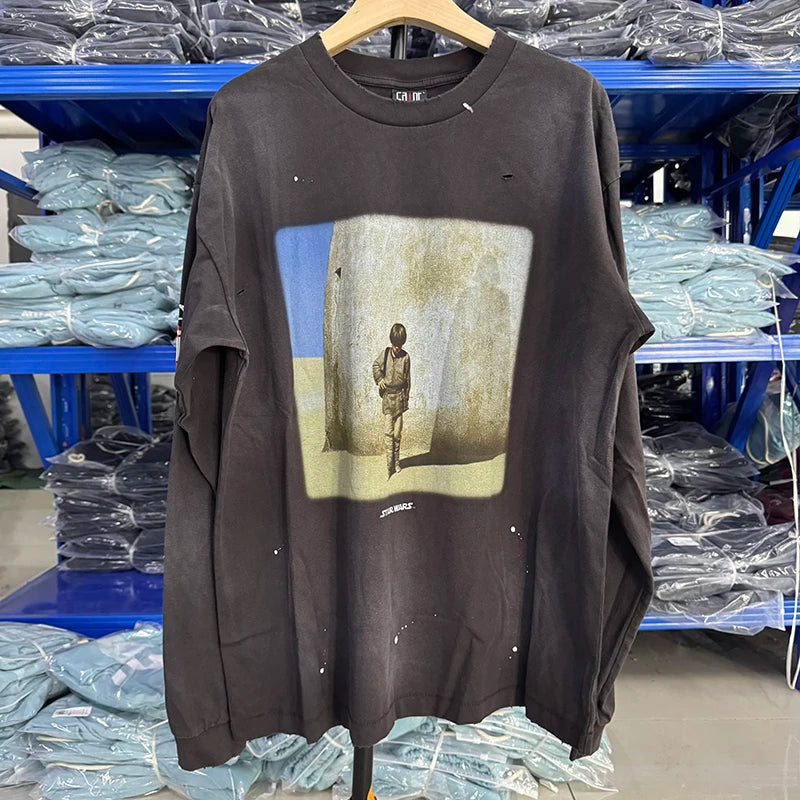 Vintage Hole Long Sleeve SAINT Autumn Casual Fashion Portrait Print Graphic T Shirts