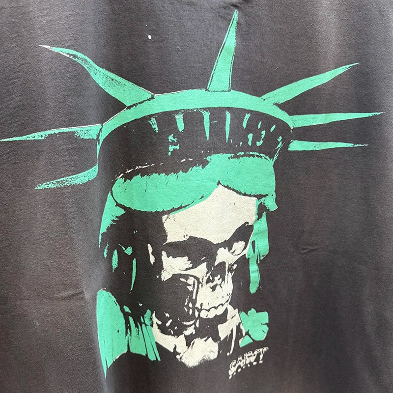 Good Quality Washed Liberty Skulls Print Saint Men T Shirt American Retro High Street Casual Fashion Short Sleeve