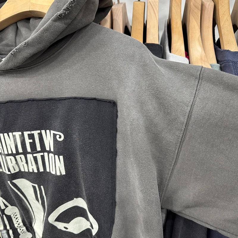 High Quality Washed Saint Retro Ripped CELLBRATION Girl in Red Graphic Hoodie Hip Hop Trend Sweatshirt Men Y2k