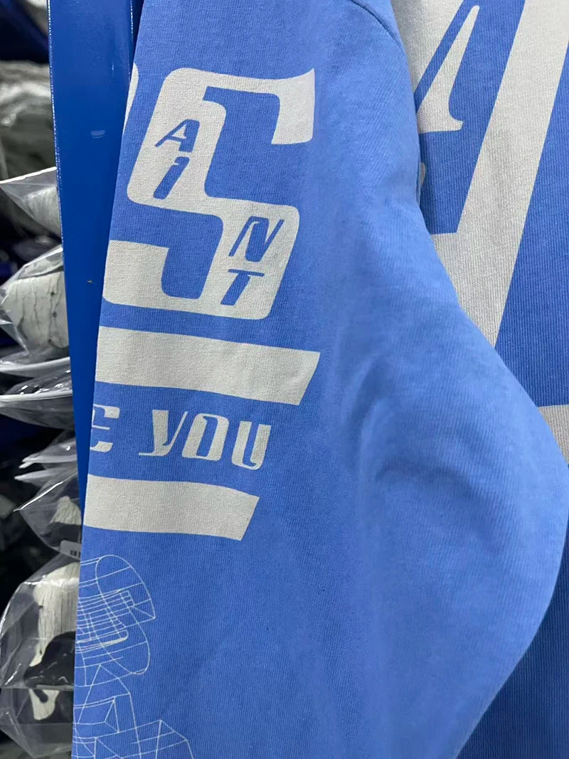 Retro Blue Saint Punk Style T Shirt Autumn Cotton Washed Loose Fashion Long Sleeve