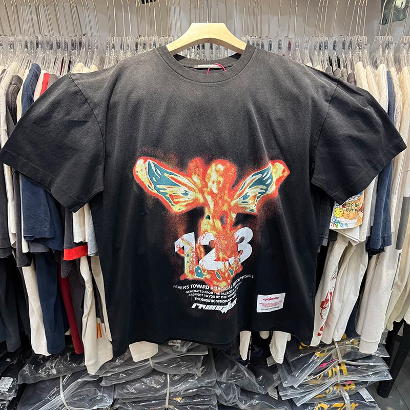 26ss RRR123 Round Neck CVA Wing Print Graphic T Shirts Trend Casual Washed Retro Short Sleeve