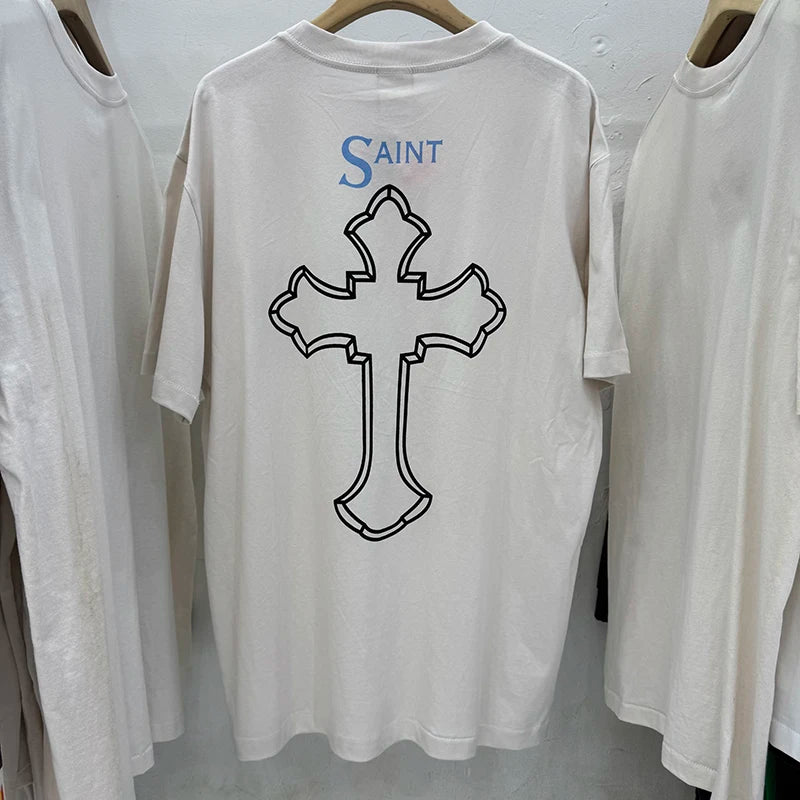 Light Color Saint Cross Medal Print Oversized T Shirt High Street Casual Men Women Fashion TU PAC Summer Tops