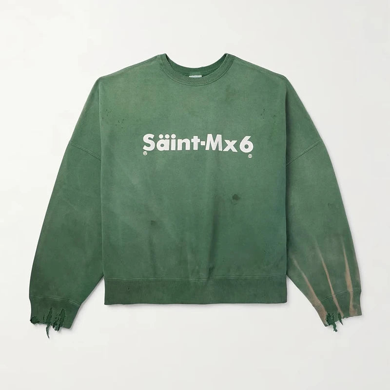 Washed Green Saint Winter Thicken Sweatshirt Loose Retro Hole Street Fashion Men Women Pullover Harajuku