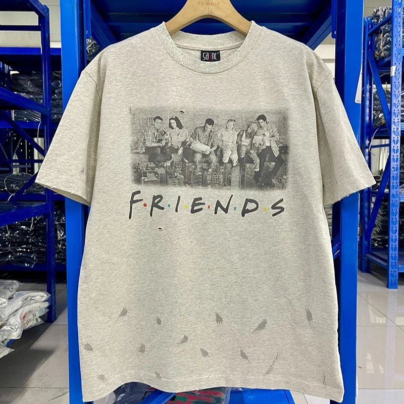 Vintage Casual Saint X Tears Graffiti Hole Breaking Style Skulls Print Graphic T Shirts Streetwear Men