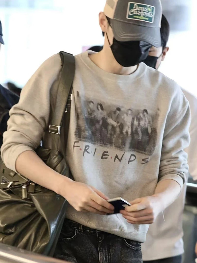 Harajuku Saint FRIENDS Portrait Printed Retro Sweatshirt Casual Fashion Pullover Men