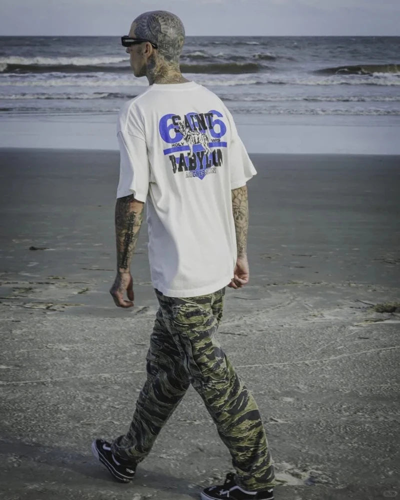 Best Quality American Retro Blue Dog Print Saint Men T Shirt Hip Hop Street Fashion Summer Tops