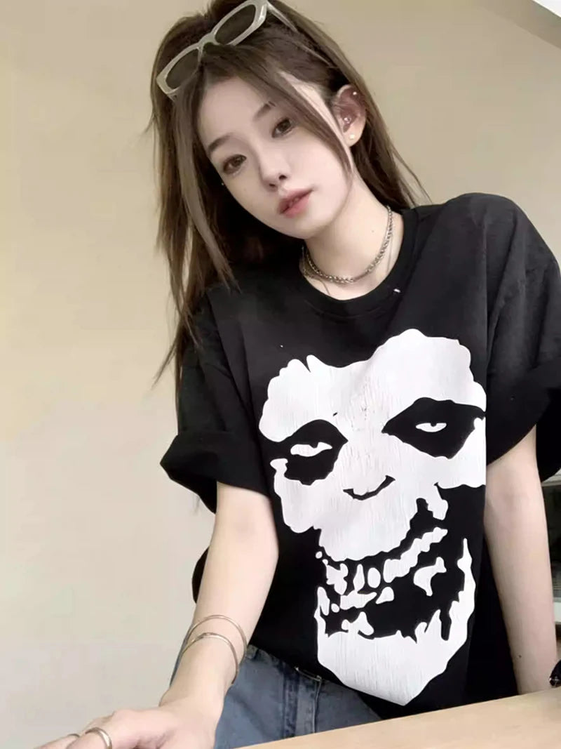 Simple Retro Style Saint Loose Cotton Skull Letter Print Vintage T Shirt Casual Summer Short Sleeve Streetwear Men