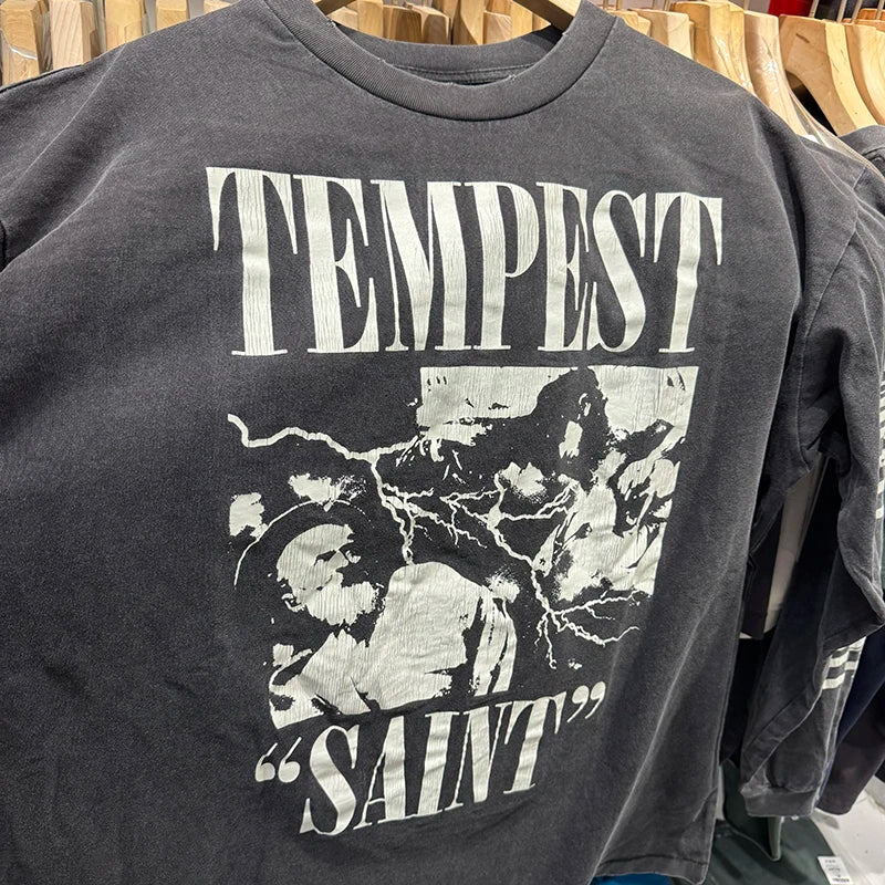 Washed Black SAINT TEMPEST Letter Vintage T Shirt High Street Casual Men Women Long Sleeve Harajuku