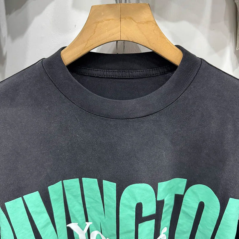 Best Quality RRR123 Graffiti Green Letters American Retro T Shirts for Men Autumn Cotton Street Fashion Long Sleeves Tees