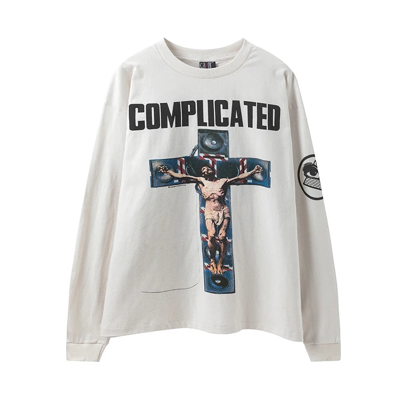 SAINT XXX STB Street Fashion Washed Distressed Letter Print American Style Vintage Casual Men Women Long Sleeve T-shirt