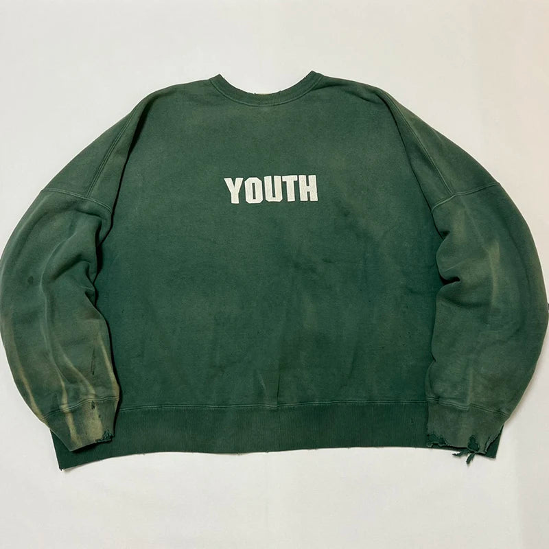 Washed Green Saint Winter Thicken Sweatshirt Loose Retro Hole Street Fashion Men Women Pullover Harajuku