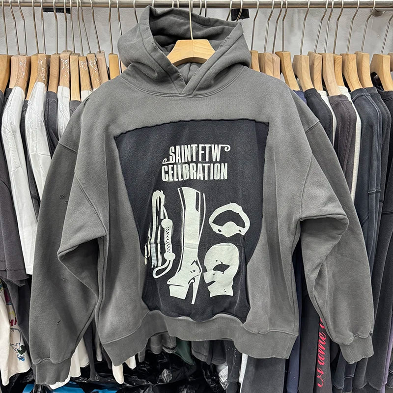 High Quality Washed Saint Retro Ripped CELLBRATION Girl in Red Graphic Hoodie Hip Hop Trend Sweatshirt Men Y2k