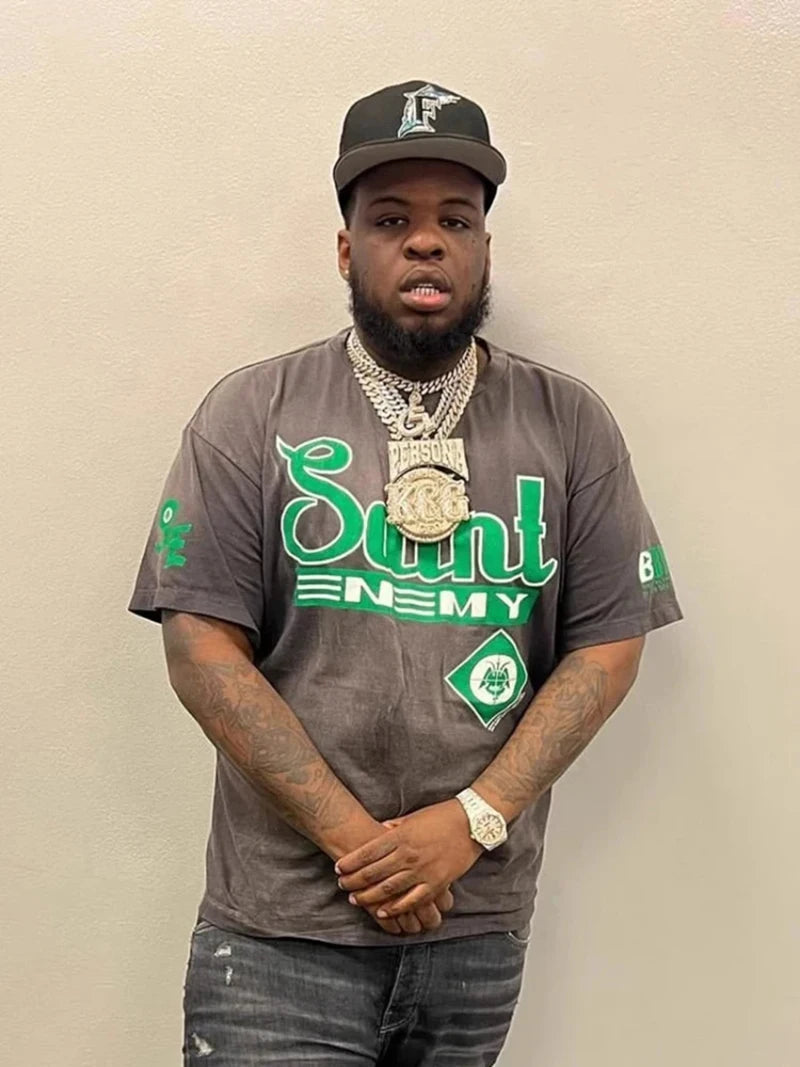 Street Fashion Saint Round Neck Retro Crack Letter Logo Green Printed Short Sleeve American Style Men T Shirt