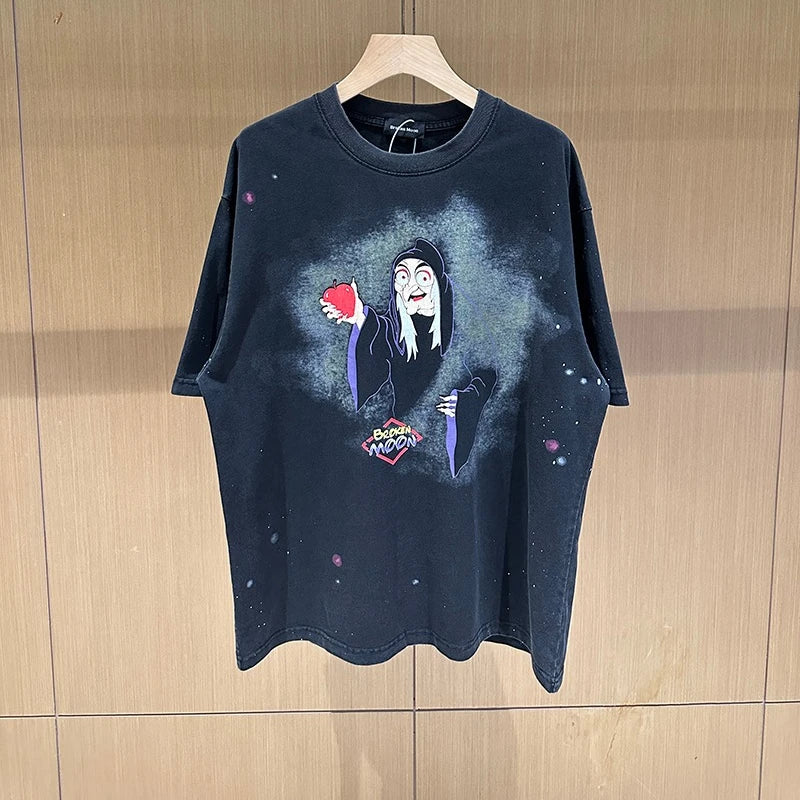 Street Fashion Splash-ink Round Neck Witch Graphic T Shirts Summer Pure Cotton Unisex Vintage Tees