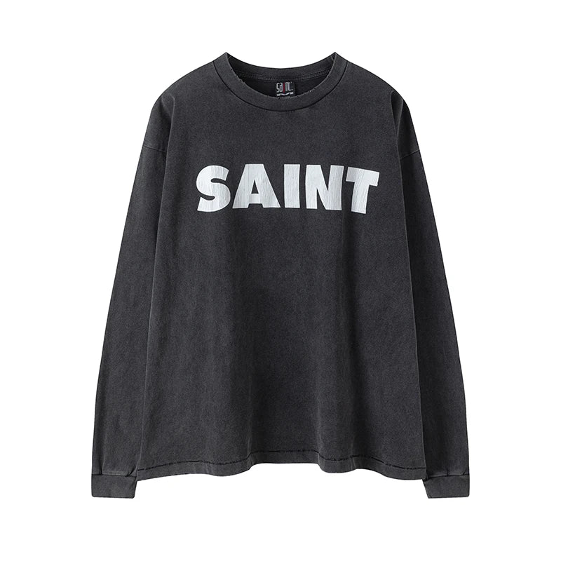 SAINT XXX STB Street Fashion Washed Distressed Letter Print American Style Vintage Casual Men Women Long Sleeve T-shirt