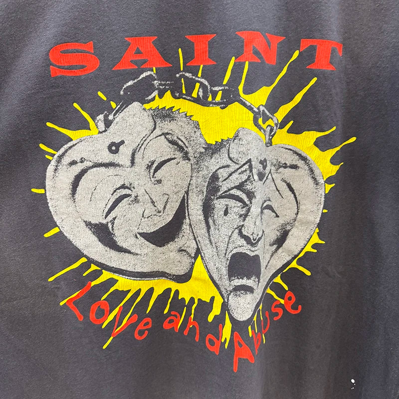 Dark Gray Saint Round Neck Fun Print Vintage T Shirt High Street Casual Men Women Fashion Short Sleeve