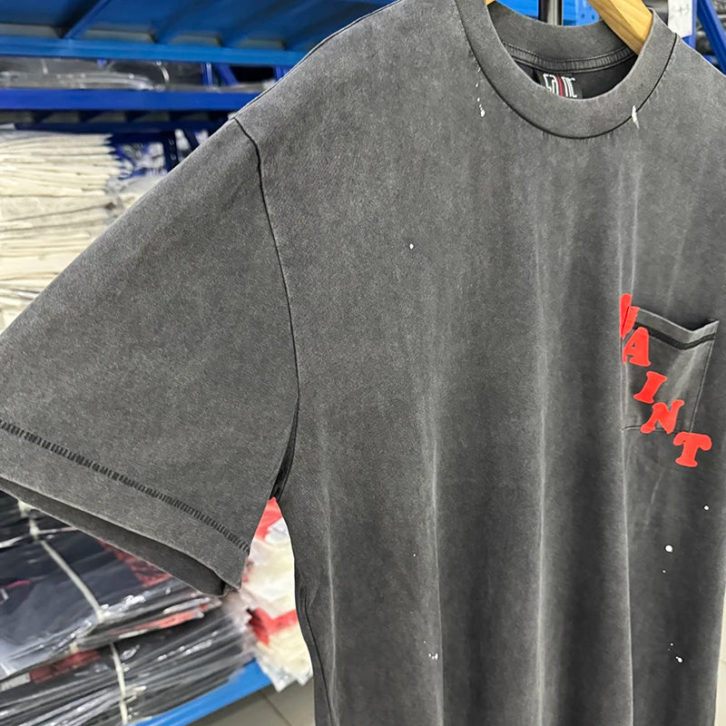 Vintage Casual Saint Pocket T-shirt Red Letter Print Oversized T Shirt Men Clothing