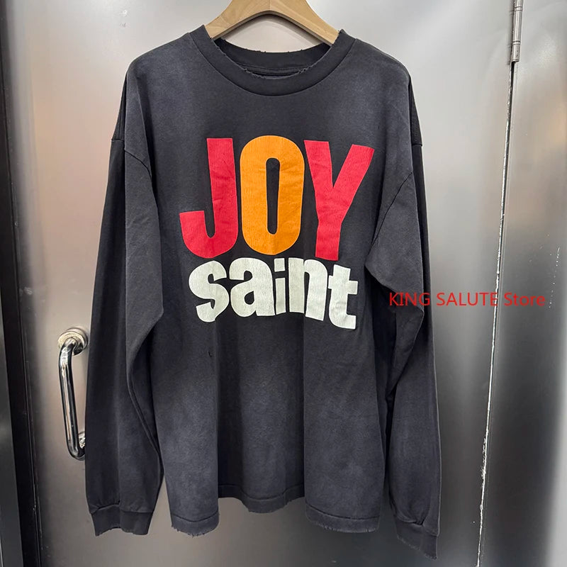 Gradient Color Letter SAINT Retro Washed Oversized T Shirt High Quality Japan Style Fashion Long Sleeve Tees