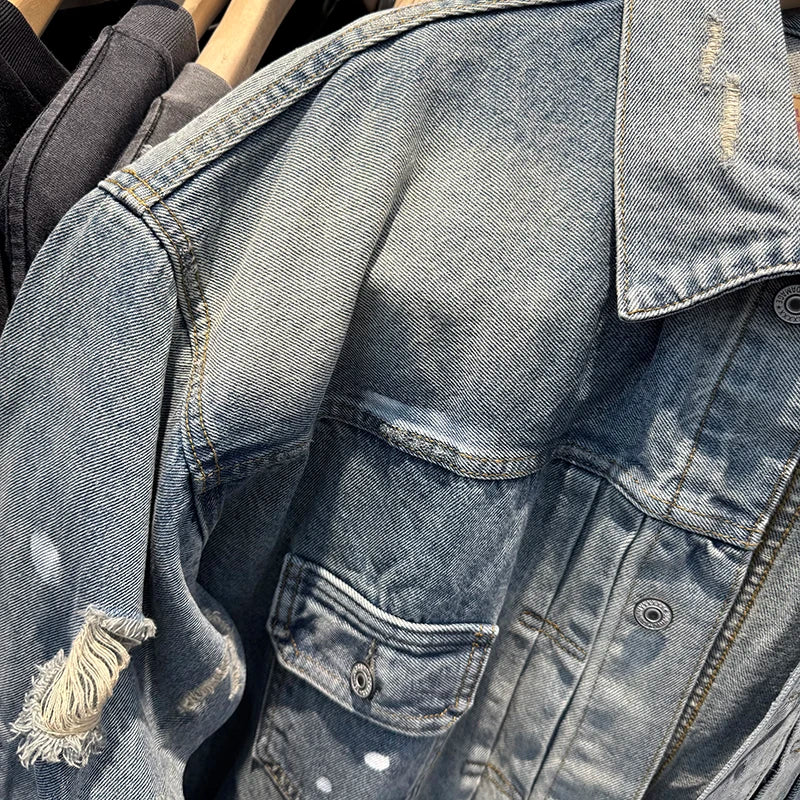 Harajuku Saint High Quality Vintage Damage Distress Ripped Denim Jacket Casual Men Women Fashion BBJ Versatile Coat