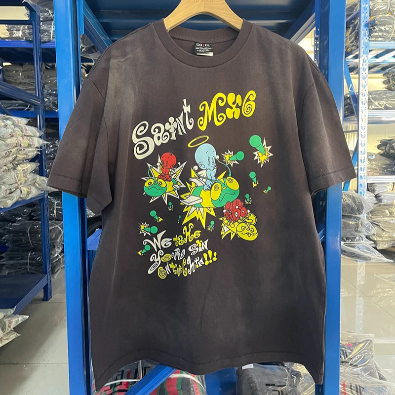 Street Fashion Saint Cartoon Happy Angel Oversized T Shirt Casual Men Summer Cotton Washed Vintage Tee