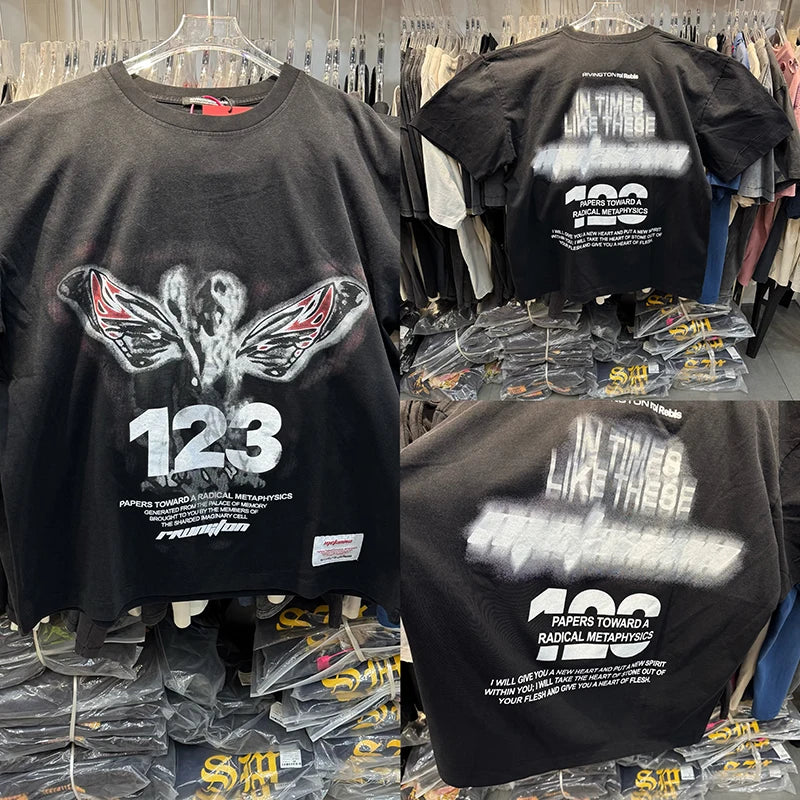 RRR123 X SAINT Wings Series Crewneck Oversized T Shirt High Street Casual Men Women Fashion Summer Tops