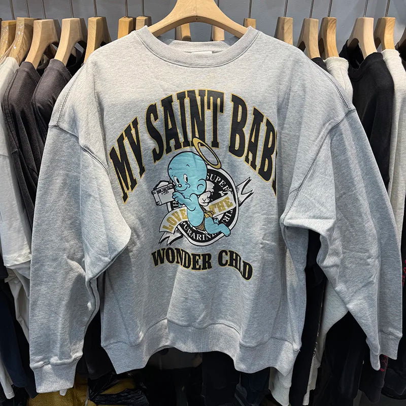 VTG SAINT Cartoon Angel Baby Retro Distressed Round Neck Loose Sweater Men Street Fashion Couple Pullover