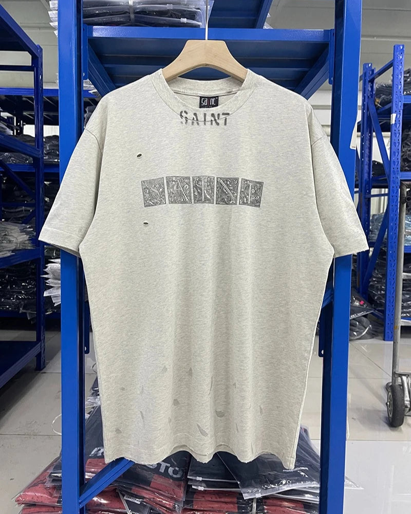 Vintage Casual Saint X Tears Graffiti Hole Breaking Style Skulls Print Graphic T Shirts Streetwear Men