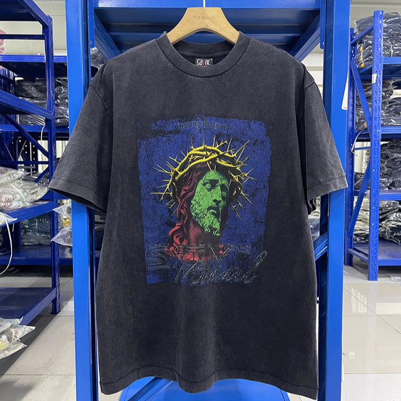 Saint Xxx Stb Men Clothing Washed Retro Portrait Print Character Print American Style Oversized T Shirt Streetwear