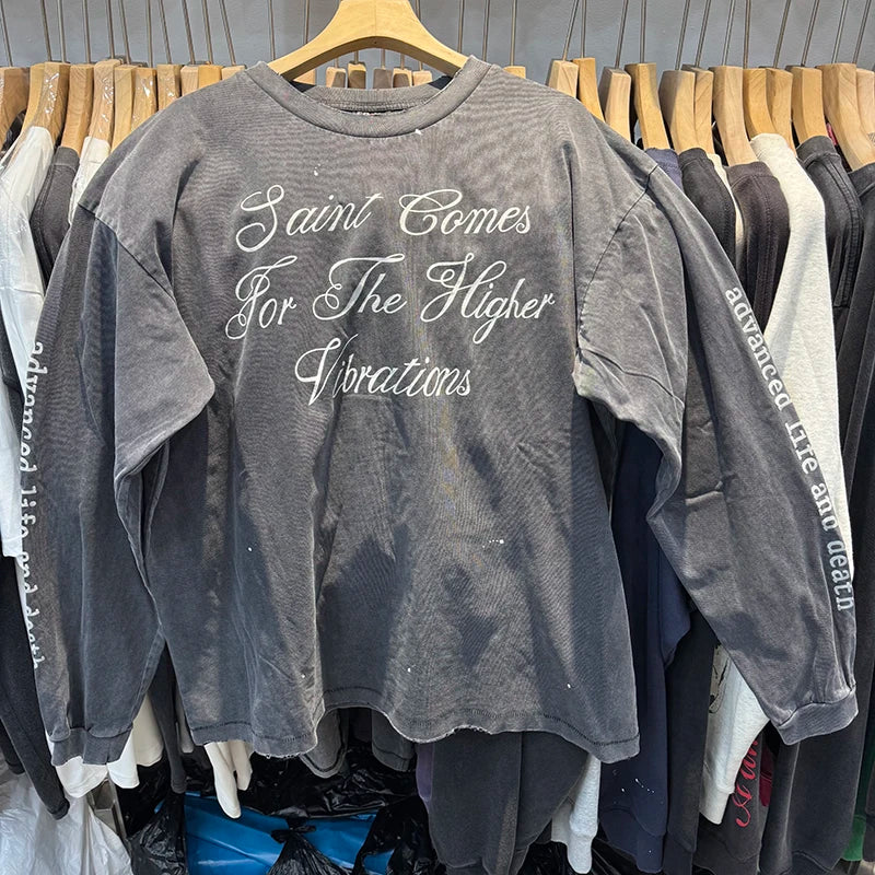 Best Quality Saint Harajuku Loose T Shirts for Men Japan Style Skulls Printed Vintage Long Sleeve Tees