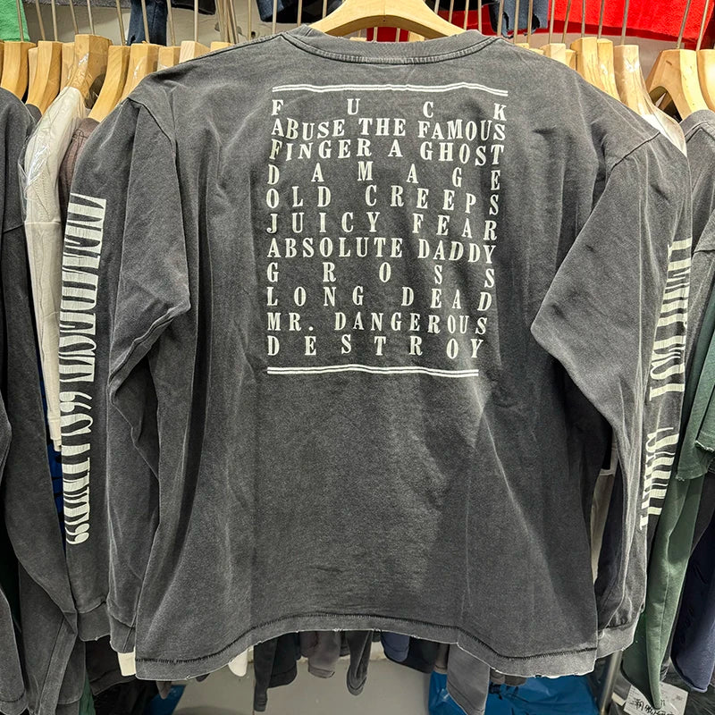 Washed Black SAINT TEMPEST Letter Vintage T Shirt High Street Casual Men Women Long Sleeve Harajuku