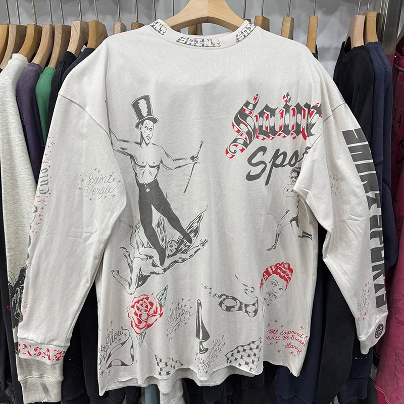 Autumn Winter Long Sleeve Saint Series Vintage Trend Sky Blue T Shirt High Street Casual Men Women Distressed Tops