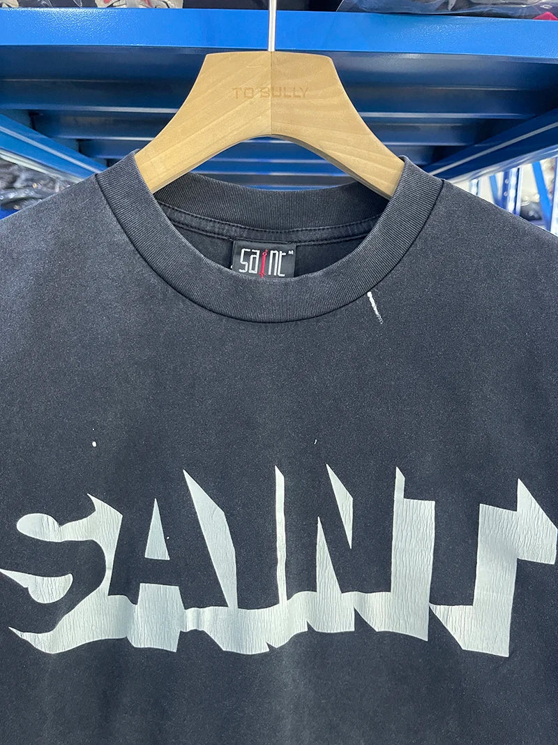 Washed Saint Crack Stereoscopic American Style Vintage T Shirt Street Fashion