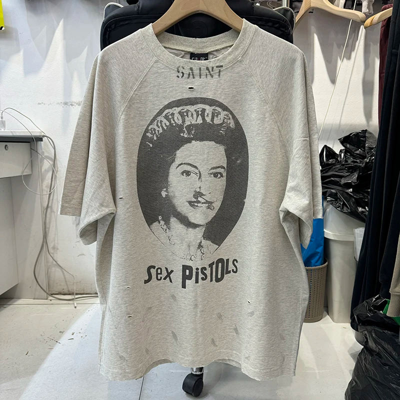 Washed Gray SAINT Round Neck Cotton Oversized T Shirt Street Fashion Graffiti Print T Shirts for Men