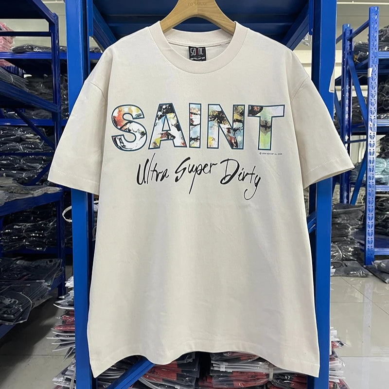 Light Color Saint Cross Medal Print Oversized T Shirt High Street Casual Men Women Fashion TU PAC Summer Tops