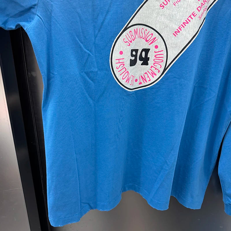 Autumn Winter Long Sleeve Saint Series Vintage Trend Sky Blue T Shirt High Street Casual Men Women Distressed Tops