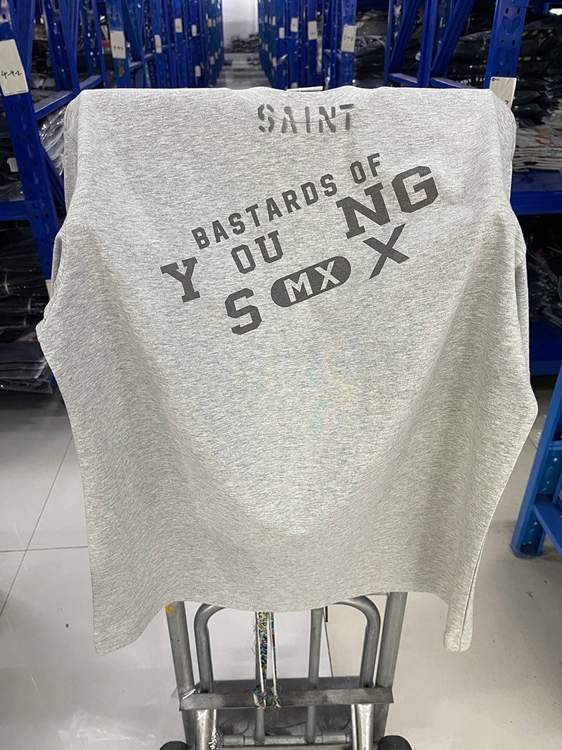 Washed Gray YOUNG Letter Print High Street Summer Saint T Shirts Men Popular Fashion