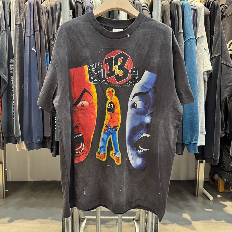 Washed Saint Cartoon 13 Portrait Print Japan Style Vintage T Shirt High Quality Cotton Crewneck for Men Short Sleeve Harajuku
