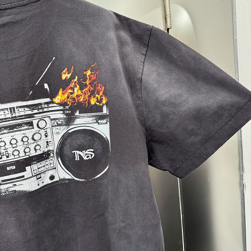 American Retro Flame Tape Graphic T Shirts Street Casual Men Trendy Summer Tops