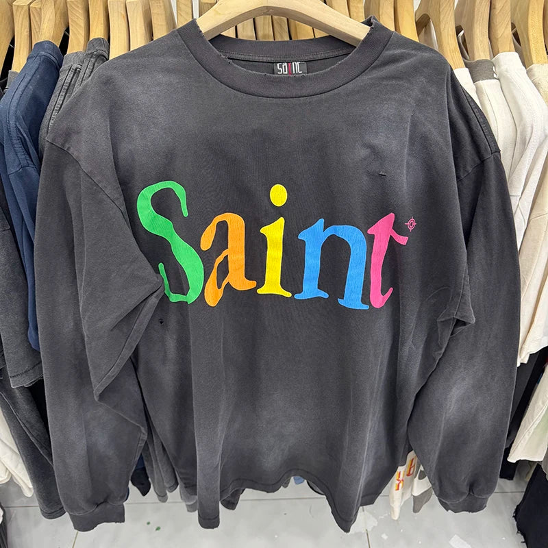 Commuting Style Saint Colorful Letter Print Men Women T Shirts Casual Fashion Autumn Tops