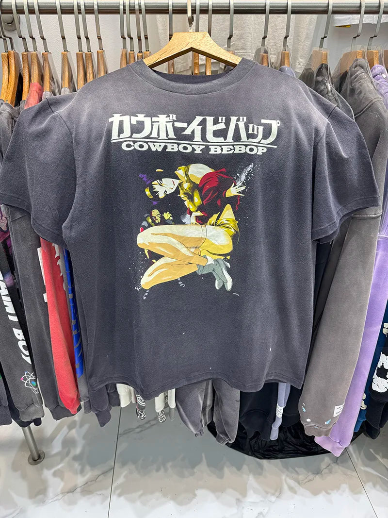 Harajuku Cool Print Saint Fashion Cartoon Characters Graphic T Shirts Washed Retro Men Women 1:1 Summer Short Sleeve